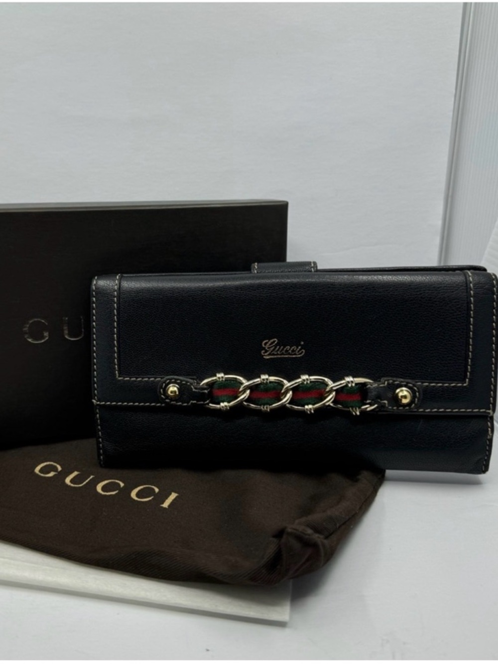 Gucci Black Leather Wallet with Gold Chain and Sherry line Web